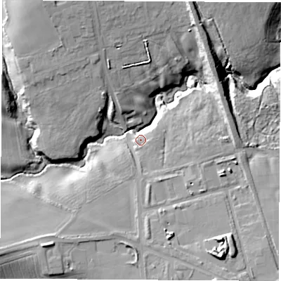 Shaded relief map of the ground around DH62PZ, computed from Environment Agency LiDAR. The ground here sits at about 122 m above sea level and falls 22 m across the surrounding 800 m. Surface water reaching this point runs off ground lying to the south-east, 10.3 m higher.