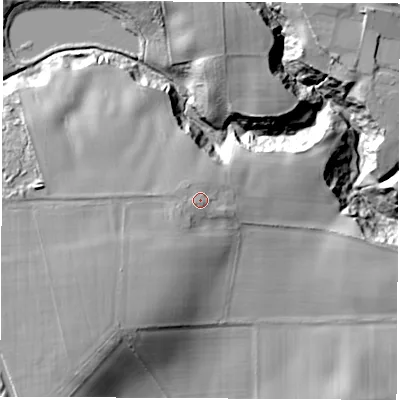 Shaded relief map of the ground around DH62QB, computed from Environment Agency LiDAR. The ground here sits at about 126 m above sea level and falls 28 m across the surrounding 800 m. Surface water reaching this point runs off ground lying to the west-south-west, 1.6 m higher.