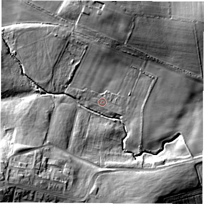 Shaded relief map of the ground around DH63QN, computed from Environment Agency LiDAR. The ground here sits at about 124 m above sea level and falls 28 m across the surrounding 800 m. Surface water reaching this point runs off ground lying to the east-north-east, 1.7 m higher.