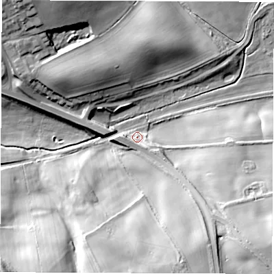 Shaded relief map of the ground around DH64BA, computed from Environment Agency LiDAR. The ground here sits at about 97 m above sea level and falls 35 m across the surrounding 800 m. Surface water reaching this point runs off ground lying to the south-east, 32.0 m higher.