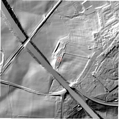 Shaded relief map of the ground around DH64EL, computed from Environment Agency LiDAR. The ground here sits at about 94 m above sea level and falls 27 m across the surrounding 800 m. Surface water reaching this point runs off ground lying to the east-north-east, 13.4 m higher.