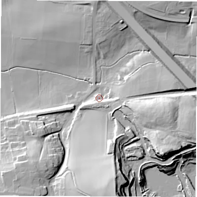 Shaded relief map of the ground around DH64ER, computed from Environment Agency LiDAR. The ground here sits at about 90 m above sea level and falls 43 m across the surrounding 800 m. Surface water reaching this point runs off ground lying to the east-south-east, 18.1 m higher.