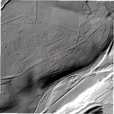 Shaded relief map of the ground around DH64NE, computed from Environment Agency LiDAR. The ground here sits at about 134 m above sea level and falls 55 m across the surrounding 800 m. Surface water reaching this point runs off ground lying to the north-west, 9.3 m higher.
