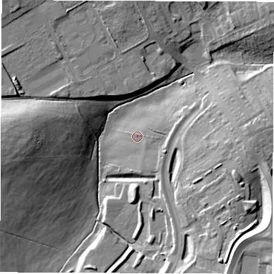 Shaded relief map of the ground around DH65FU, computed from Environment Agency LiDAR. The ground here sits at about 81 m above sea level and falls 25 m across the surrounding 800 m. Surface water reaching this point runs off ground lying to the east-south-east, 2.4 m higher.