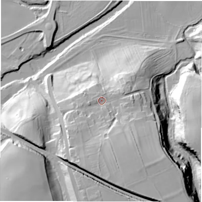 Shaded relief map of the ground around DH65HB, computed from Environment Agency LiDAR. The ground here sits at about 67 m above sea level and falls 44 m across the surrounding 800 m. Surface water reaching this point runs off ground lying to the south-south-east, 14.9 m higher.