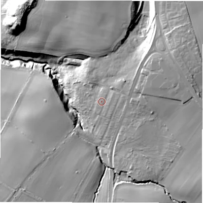 Shaded relief map of the ground around DH65JB, computed from Environment Agency LiDAR. The ground here sits at about 80 m above sea level and falls 38 m across the surrounding 800 m. Surface water reaching this point runs off ground lying to the east-south-east, 1.2 m higher.