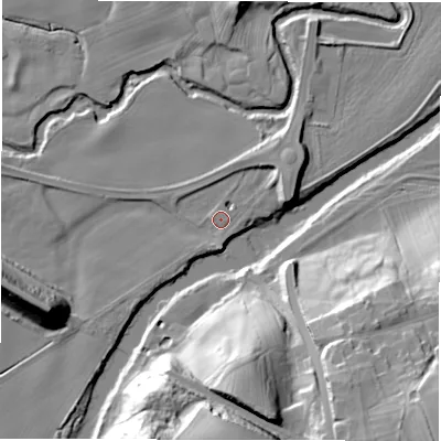 Shaded relief map of the ground around DH65JL, computed from Environment Agency LiDAR. The ground here sits at about 44 m above sea level and falls 41 m across the surrounding 800 m. Surface water reaching this point runs off ground lying to the south, 1.7 m higher.