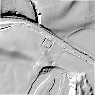 Shaded relief map of the ground around DH65JN, computed from Environment Agency LiDAR. The ground here sits at about 41 m above sea level and falls 32 m across the surrounding 800 m. Surface water reaching this point runs off ground lying to the south-south-west, 12.2 m higher.