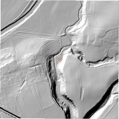 Shaded relief map of the ground around DH65JS, computed from Environment Agency LiDAR. The ground here sits at about 46 m above sea level and falls 43 m across the surrounding 800 m. Surface water reaching this point runs off ground lying to the south-south-east, 25.8 m higher.