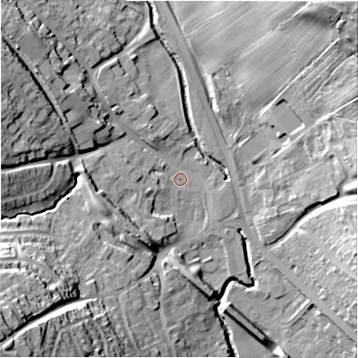 Shaded relief map of the ground around DH70ER, computed from Environment Agency LiDAR. The ground here sits at about 114 m above sea level and falls 55 m across the surrounding 800 m. Surface water reaching this point runs off ground lying to the south-west, 40.7 m higher.
