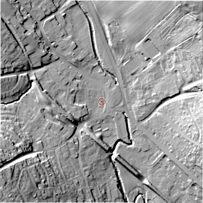 Shaded relief map of the ground around DH70ES, computed from Environment Agency LiDAR. The ground here sits at about 114 m above sea level and falls 55 m across the surrounding 800 m. Surface water reaching this point runs off ground lying to the west, 10.5 m higher.