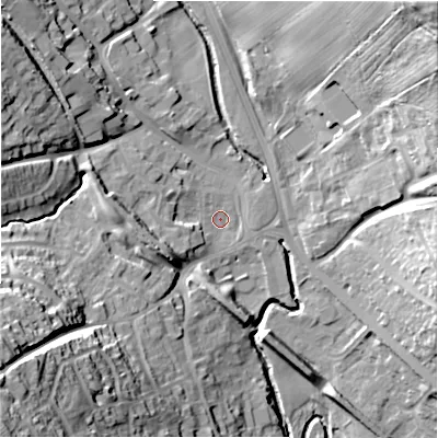 Shaded relief map of the ground around DH70ET, computed from Environment Agency LiDAR. The ground here sits at about 114 m above sea level and falls 49 m across the surrounding 800 m. Surface water reaching this point runs off ground lying to the west, 10.5 m higher.