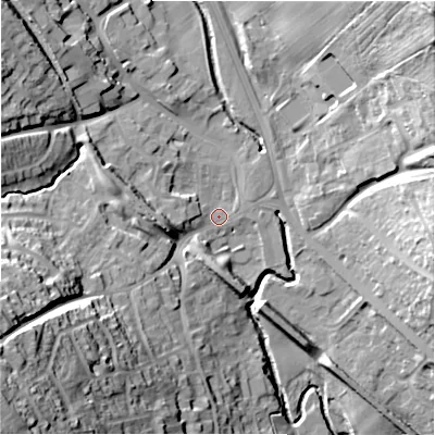 Shaded relief map of the ground around DH70EU, computed from Environment Agency LiDAR. The ground here sits at about 114 m above sea level and falls 52 m across the surrounding 800 m. Surface water reaching this point runs off ground lying to the south-west, 43.0 m higher.