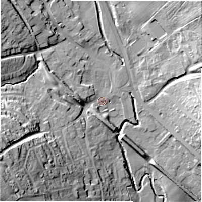 Shaded relief map of the ground around DH70EX, computed from Environment Agency LiDAR. The ground here sits at about 114 m above sea level and falls 53 m across the surrounding 800 m. Surface water reaching this point runs off ground lying to the south-west, 44.1 m higher.