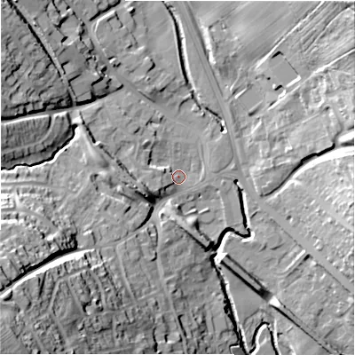 Shaded relief map of the ground around DH70HP, computed from Environment Agency LiDAR. The ground here sits at about 114 m above sea level and falls 52 m across the surrounding 800 m. Surface water reaching this point runs off ground lying to the west-north-west, 10.5 m higher.