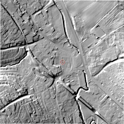 Shaded relief map of the ground around DH70HR, computed from Environment Agency LiDAR. The ground here sits at about 114 m above sea level and falls 50 m across the surrounding 800 m. Surface water reaching this point runs off ground lying to the west, 10.5 m higher.