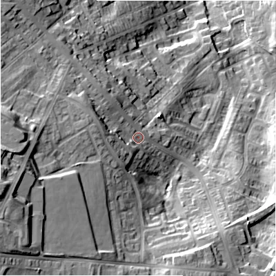 Shaded relief map of the ground around DH70JB, computed from Environment Agency LiDAR. The ground here sits at about 230 m above sea level and falls 40 m across the surrounding 800 m. Surface water reaching this point runs off ground lying to the west-north-west, 8.3 m higher.