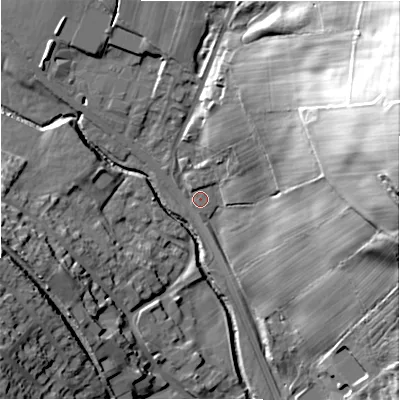 Shaded relief map of the ground around DH70JE, computed from Environment Agency LiDAR. The ground here sits at about 116 m above sea level and falls 60 m across the surrounding 800 m. Surface water reaching this point runs off ground lying to the east-north-east, 56.5 m higher.