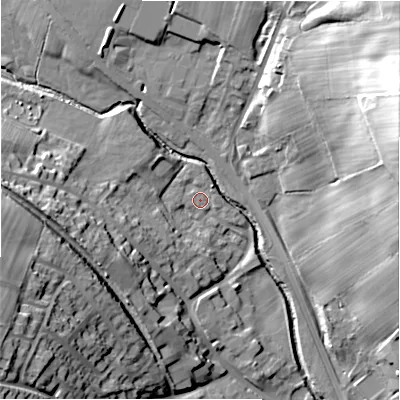 Shaded relief map of the ground around DH70JT, computed from Environment Agency LiDAR. The ground here sits at about 116 m above sea level and falls 41 m across the surrounding 800 m. Surface water reaching this point runs off ground lying to the west, 1.3 m higher.