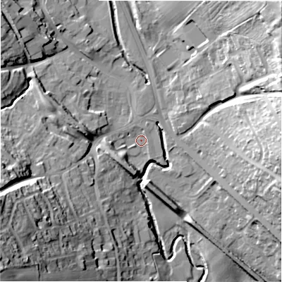 Shaded relief map of the ground around DH70JX, computed from Environment Agency LiDAR. The ground here sits at about 113 m above sea level and falls 49 m across the surrounding 800 m. Surface water reaching this point runs off ground lying to the west-south-west, 36.5 m higher.