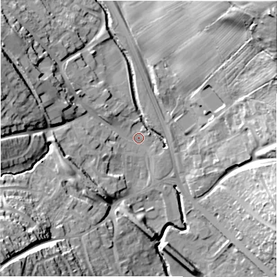 Shaded relief map of the ground around DH70LA, computed from Environment Agency LiDAR. The ground here sits at about 114 m above sea level and falls 62 m across the surrounding 800 m. Surface water reaching this point runs off ground lying to the south-west, 36.1 m higher.