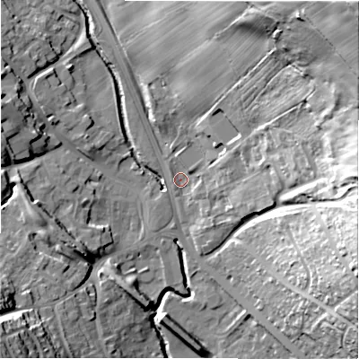 Shaded relief map of the ground around DH70LG, computed from Environment Agency LiDAR. The ground here sits at about 114 m above sea level and falls 83 m across the surrounding 800 m. Surface water reaching this point runs off ground lying to the north-east, 78.6 m higher.