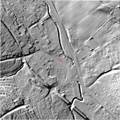 Shaded relief map of the ground around DH70LH, computed from Environment Agency LiDAR. The ground here sits at about 114 m above sea level and falls 61 m across the surrounding 800 m. Surface water reaching this point runs off ground lying to the south-west, 38.8 m higher.