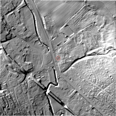Shaded relief map of the ground around DH70LJ, computed from Environment Agency LiDAR. The ground here sits at about 114 m above sea level and falls 78 m across the surrounding 800 m. Surface water reaching this point runs off ground lying to the north-east, 73.4 m higher.