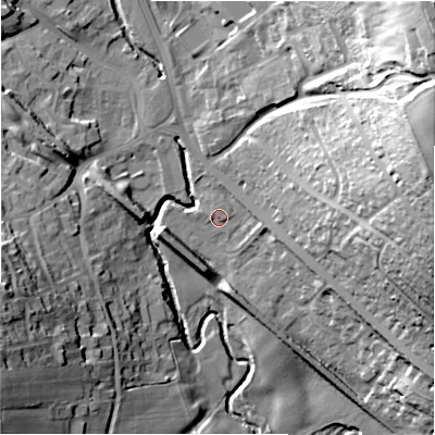 Shaded relief map of the ground around DH70LS, computed from Environment Agency LiDAR. The ground here sits at about 113 m above sea level and falls 63 m across the surrounding 800 m. Surface water reaching this point runs off ground lying to the west-south-west, 7.3 m higher.