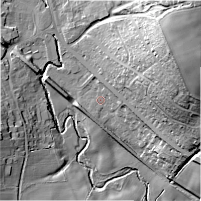 Shaded relief map of the ground around DH70NN, computed from Environment Agency LiDAR. The ground here sits at about 113 m above sea level and falls 64 m across the surrounding 800 m. Surface water reaching this point runs off ground lying to the south-west, 2.7 m higher.