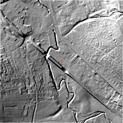 Shaded relief map of the ground around DH70NS, computed from Environment Agency LiDAR. The ground here sits at about 112 m above sea level and falls 56 m across the surrounding 800 m. Surface water reaching this point runs off ground lying to the west, 6.7 m higher.