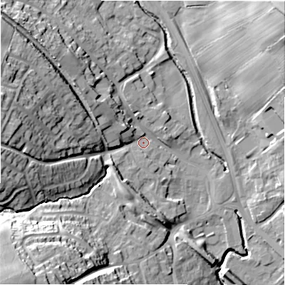 Shaded relief map of the ground around DH70NT, computed from Environment Agency LiDAR. The ground here sits at about 116 m above sea level and falls 49 m across the surrounding 800 m. Surface water reaching this point runs off ground lying to the south-west, 42.7 m higher.