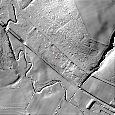 Shaded relief map of the ground around DH70NW, computed from Environment Agency LiDAR. The ground here sits at about 113 m above sea level and falls 60 m across the surrounding 800 m. Surface water reaching this point runs off ground lying to the north-east, 7.4 m higher.