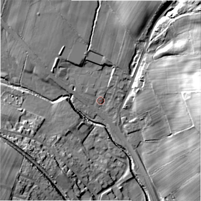 Shaded relief map of the ground around DH70RB, computed from Environment Agency LiDAR. The ground here sits at about 117 m above sea level and falls 39 m across the surrounding 800 m. Surface water reaching this point runs off ground lying to the north-north-east, 20.9 m higher.