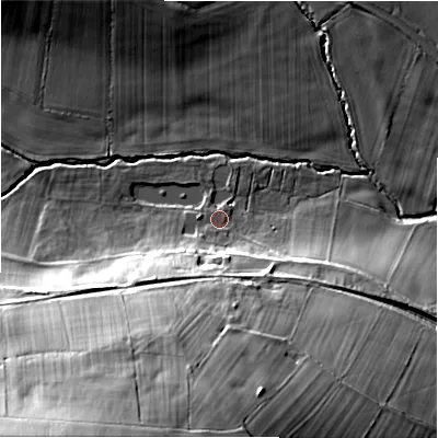 Shaded relief map of the ground around DH70RE, computed from Environment Agency LiDAR. The ground here sits at about 123 m above sea level and falls 58 m across the surrounding 800 m. Surface water reaching this point runs off ground lying to the south-west, 52.5 m higher.
