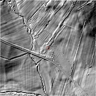 Shaded relief map of the ground around DH70RU, computed from Environment Agency LiDAR. The ground here sits at about 124 m above sea level and falls 41 m across the surrounding 800 m. Surface water reaching this point runs off ground lying to the north-east, 34.1 m higher.