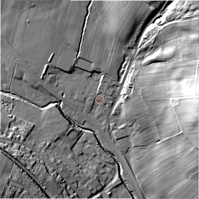 Shaded relief map of the ground around DH70RX, computed from Environment Agency LiDAR. The ground here sits at about 118 m above sea level and falls 47 m across the surrounding 800 m. Surface water reaching this point runs off ground lying to the north-north-east, 10.4 m higher.