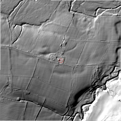 Shaded relief map of the ground around DH70SZ, computed from Environment Agency LiDAR. The ground here sits at about 159 m above sea level and falls 47 m across the surrounding 800 m. Surface water reaching this point runs off ground lying to the west-south-west, 17.9 m higher.