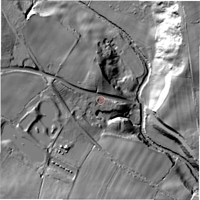 Shaded relief map of the ground around DH77AR, computed from Environment Agency LiDAR. The ground here sits at about 86 m above sea level and falls 56 m across the surrounding 800 m. Surface water reaching this point runs off ground lying to the west-south-west, 17.6 m higher.