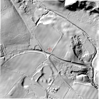 Shaded relief map of the ground around DH77BN, computed from Environment Agency LiDAR. The ground here sits at about 92 m above sea level and falls 58 m across the surrounding 800 m. Surface water reaching this point runs off ground lying to the west, 3.3 m higher.
