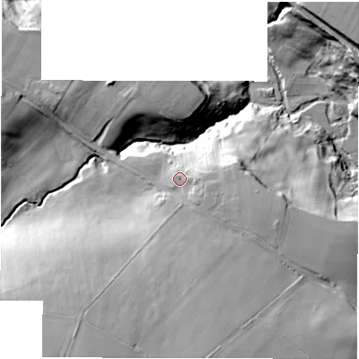 Shaded relief map of the ground around DH77JP, computed from Environment Agency LiDAR. The ground here sits at about 91 m above sea level and falls 55 m across the surrounding 800 m. Surface water reaching this point runs off ground lying to the east-south-east, 4.5 m higher.