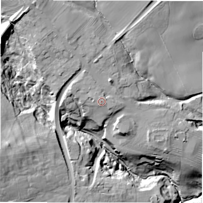 Shaded relief map of the ground around DH78DE, computed from Environment Agency LiDAR. The ground here sits at about 105 m above sea level and falls 46 m across the surrounding 800 m. Surface water reaching this point runs off ground lying to the north-north-west, 1.5 m higher.