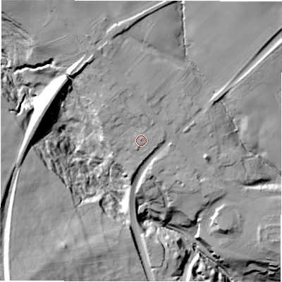 Shaded relief map of the ground around DH78DH, computed from Environment Agency LiDAR. The ground here sits at about 107 m above sea level and falls 44 m across the surrounding 800 m. Surface water reaching this point runs off ground lying to the north-north-west, 2.8 m higher.