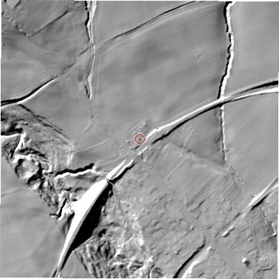 Shaded relief map of the ground around DH78DL, computed from Environment Agency LiDAR. The ground here sits at about 115 m above sea level and falls 56 m across the surrounding 800 m. Surface water reaching this point runs off ground lying to the north-west, 8.6 m higher.