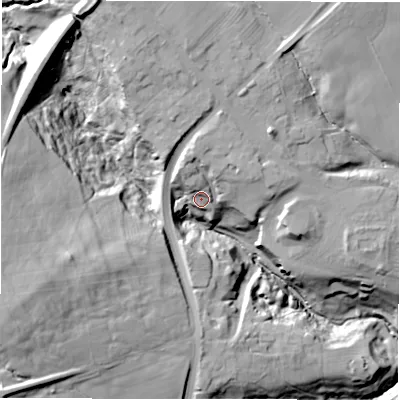 Shaded relief map of the ground around DH78DT, computed from Environment Agency LiDAR. The ground here sits at about 97 m above sea level and falls 48 m across the surrounding 800 m. Surface water reaching this point runs off ground lying to the north-north-west, 8.3 m higher.