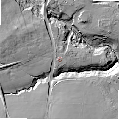 Shaded relief map of the ground around DH78DU, computed from Environment Agency LiDAR. The ground here sits at about 102 m above sea level and falls 50 m across the surrounding 800 m. Surface water reaching this point runs off ground lying to the north-west, 2.1 m higher.