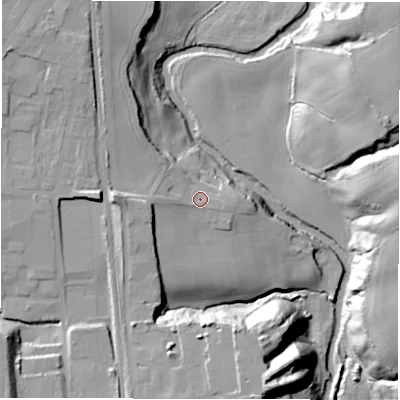 Shaded relief map of the ground around DH78HF, computed from Environment Agency LiDAR. The ground here sits at about 69 m above sea level and falls 31 m across the surrounding 800 m. Surface water reaching this point runs off ground lying to the south-west, 2.6 m higher.