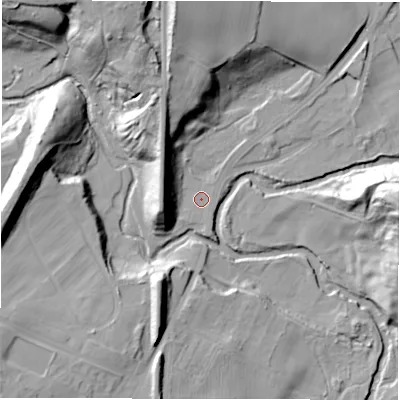 Shaded relief map of the ground around DH78JZ, computed from Environment Agency LiDAR. The ground here sits at about 61 m above sea level and falls 35 m across the surrounding 800 m. Surface water reaching this point runs off ground lying to the north, 27.8 m higher.