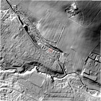 Shaded relief map of the ground around DH79AN, computed from Environment Agency LiDAR. The ground here sits at about 129 m above sea level and falls 64 m across the surrounding 800 m. Surface water reaching this point runs off ground lying to the north-north-east, 58.1 m higher.