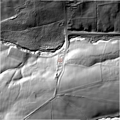 Shaded relief map of the ground around DH79ED, computed from Environment Agency LiDAR. The ground here sits at about 162 m above sea level and falls 47 m across the surrounding 800 m. Surface water reaching this point runs off ground lying to the south, 20.2 m higher.